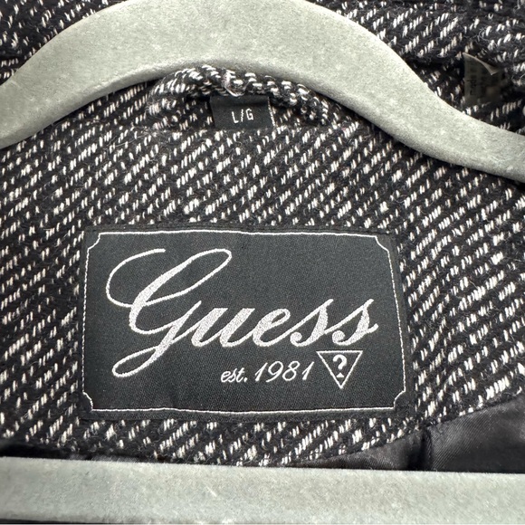 Guess Women’s Sz L Wool-Blend Tweed Moto Zip Pleated Midi Pea Coat Black / Grey - Picture 6 of 10